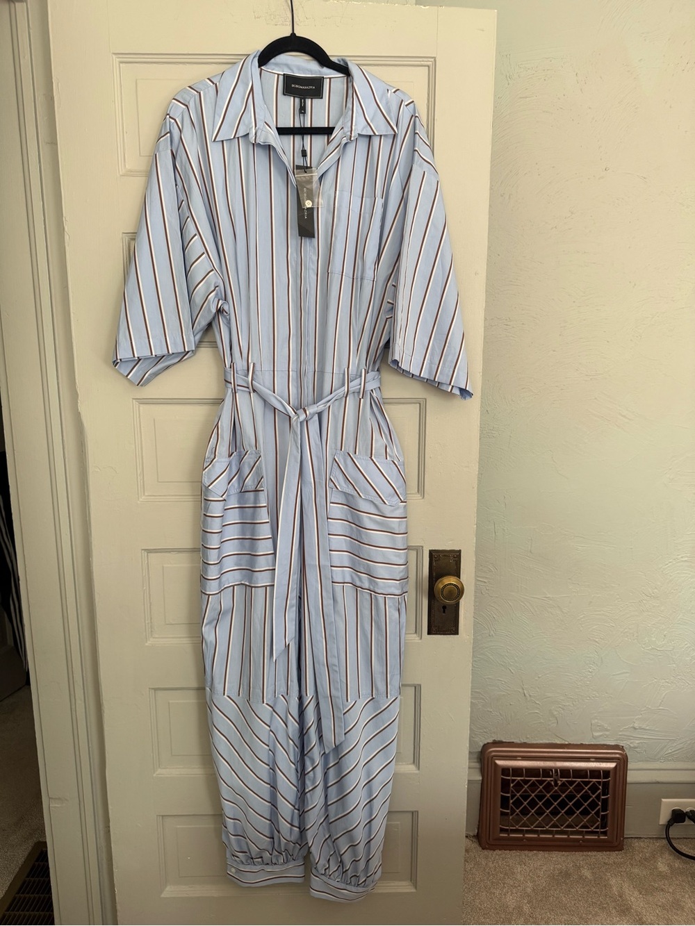 blue and white vertically striped utility jumpsuit from BCBGMAXAZRIA size XL - Picture 1 of 7